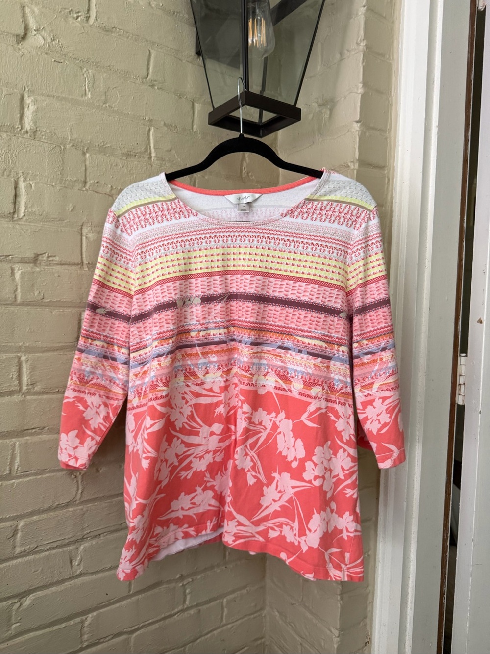 CJ Banks Coral Floral & Stripe Knit Long Sleeve Top